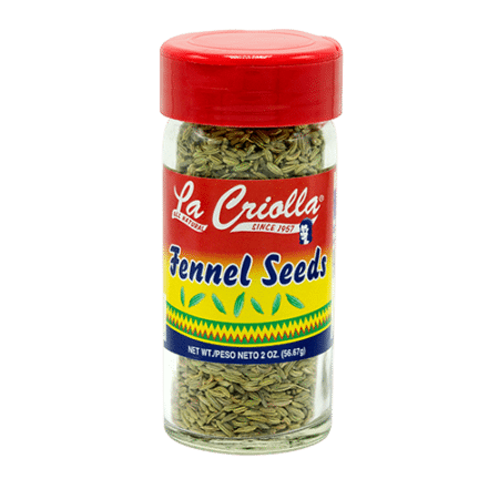 All natural fennel seeds in glass jar with La Criolla label.